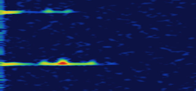Spectral record from a BaroAware module: two bright horizontal bands marking two door openings, against a dark quiet background